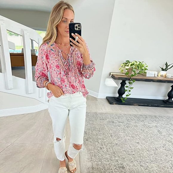 Pink Boho Floral Printed Tie V-Neck Loose Flowy Long Sleeve Top Blouse - Picture 2 of 6
